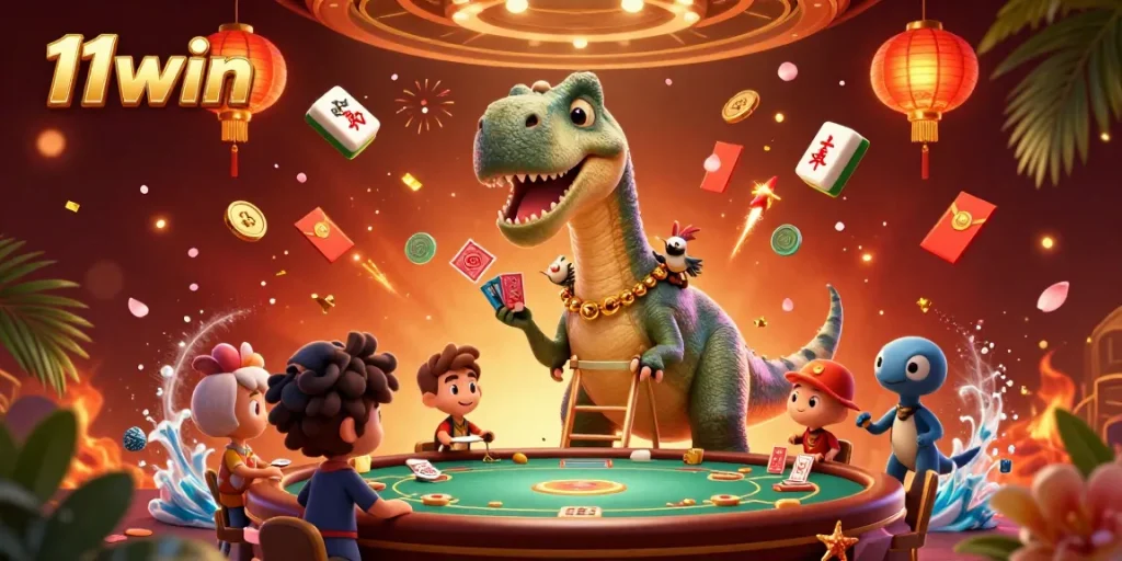 Engage in thrilling gameplay at 11win with a vibrant casino illustration showcasing dynamic characters and games.