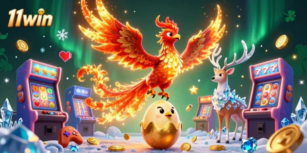 Engage with 11win's captivating 3D illustration showcasing a phoenix and vibrant slot elements.