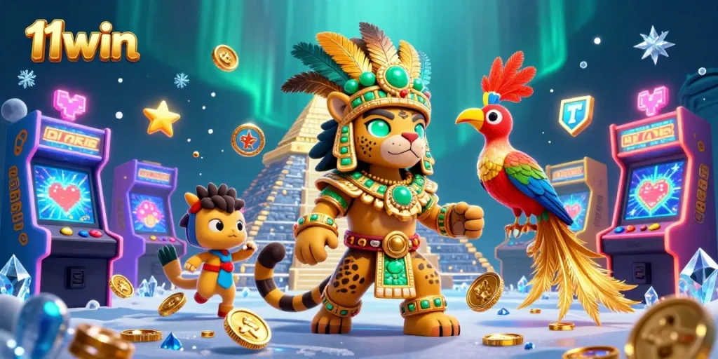 Experience exciting gaming with 11win's vibrant, dynamic casino adventure featuring a Mayan priest.
