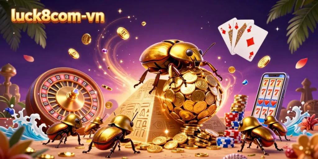 Spin the reels in luck8com-vn's thrilling casino world, featuring golden dung beetles and lush decorations.