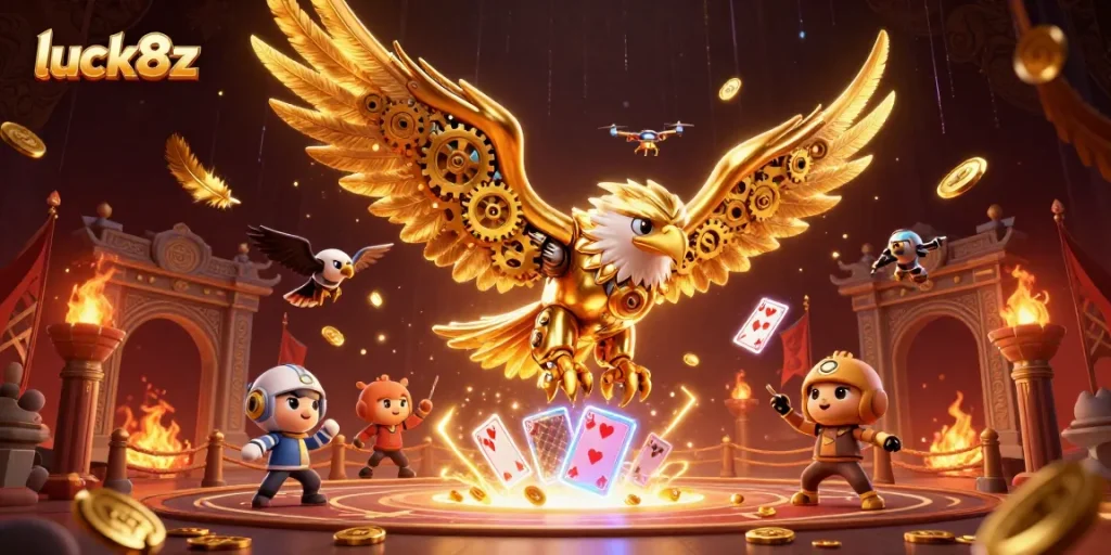 Engage in thrilling gameplay at luck8z with dynamic elements like golden eagles and holographic cards.