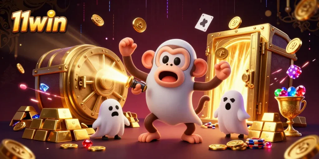 Engage with the vibrant 11win casino experience, featuring a poltergeist monkey juggling golden riches.