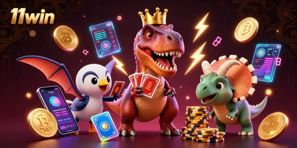 Engage with 11win's exciting gaming world through this vibrant T-Rex card shuffle and crypto scene.