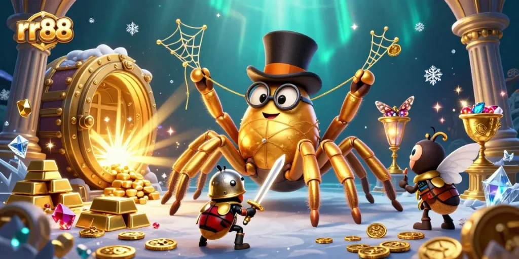 Experience thrilling fun at rr88 with a golden tarantula, beetle knight, and shimmering treasures.