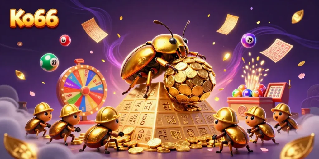 Experience Ko66 with a vibrant lottery-themed illustration featuring golden beetles, colorful balls, and dynamic casino symbols.