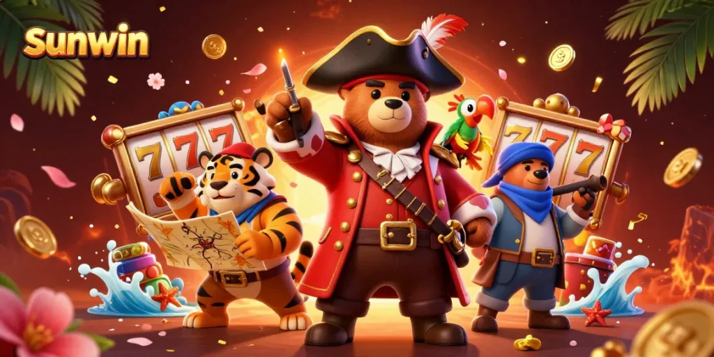Spin the reels with sunwin in this lively casino scene featuring a pirate bear and his tiger friend.