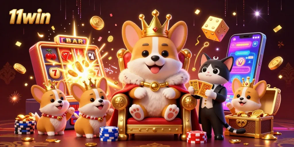 Experience thrilling gaming at 11win with a vibrant royal corgi scene featuring jackpot excitement and rich casino imagery.
