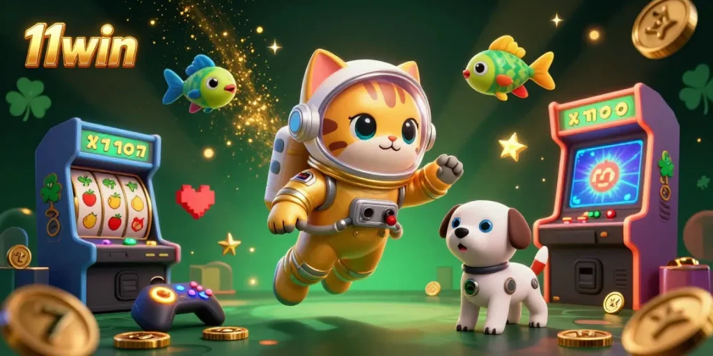 Engage in the thrilling world of 11win with a vibrant 3D casino-themed illustration featuring a space astronaut cat.