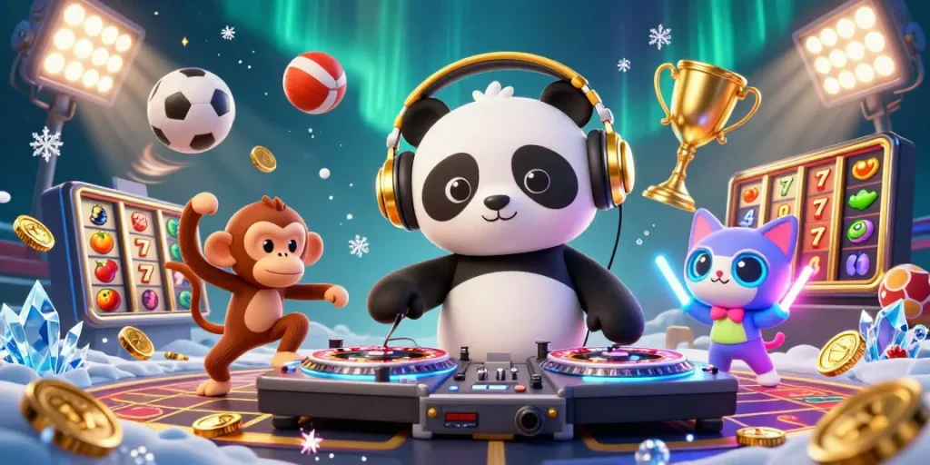 Experience the thrills of gambling with 11win as characters spin and dance around a vibrant casino scene.