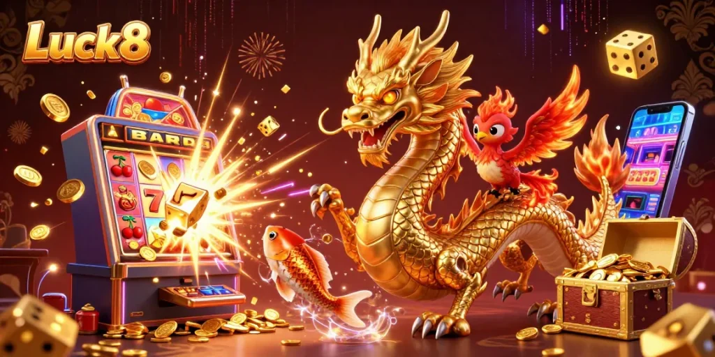 Experience Luck8's thrilling adventures with lively casino elements and golden treasures!