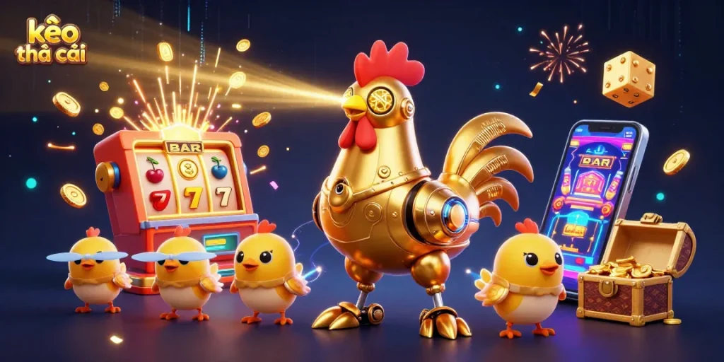 Engage with kèo nhà cái through dynamic gambling elements in action-packed illustration.