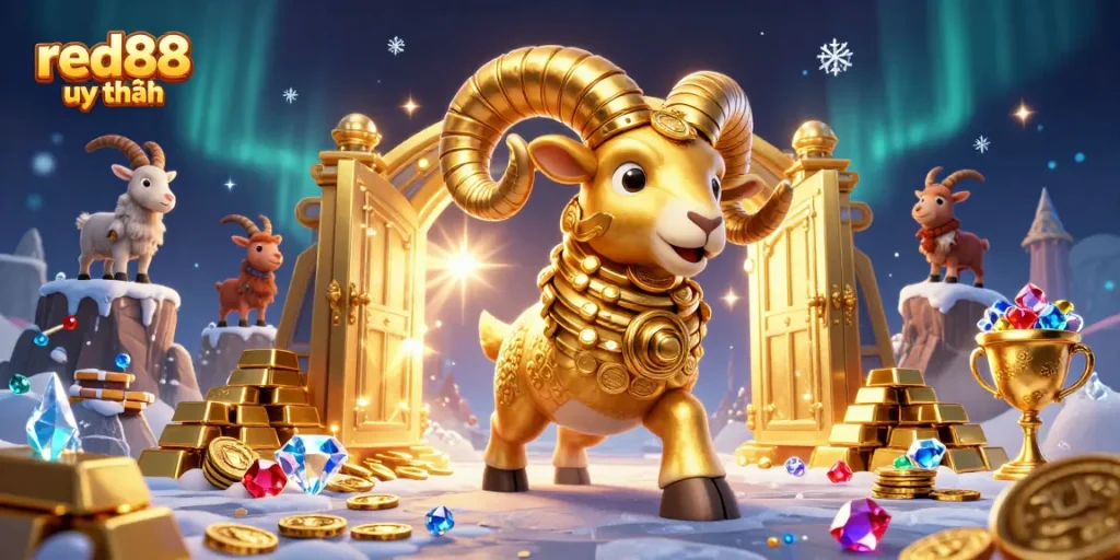 Experience the thrill of "red88 uy tín" as the golden ram charges towards fortune, surrounded by dazzling casino treasures.