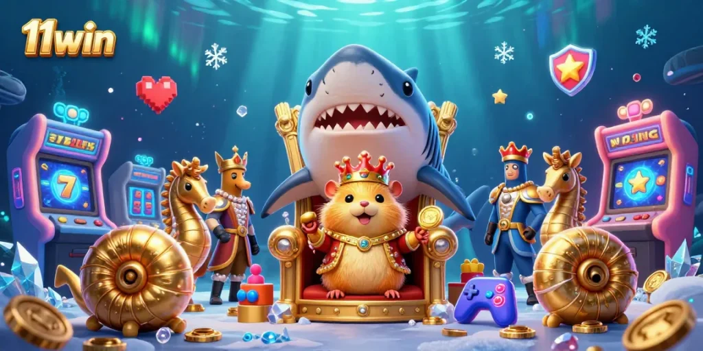 Experience the excitement of 11win with a vivid 3D casino illustration featuring a regal golden hamster king.