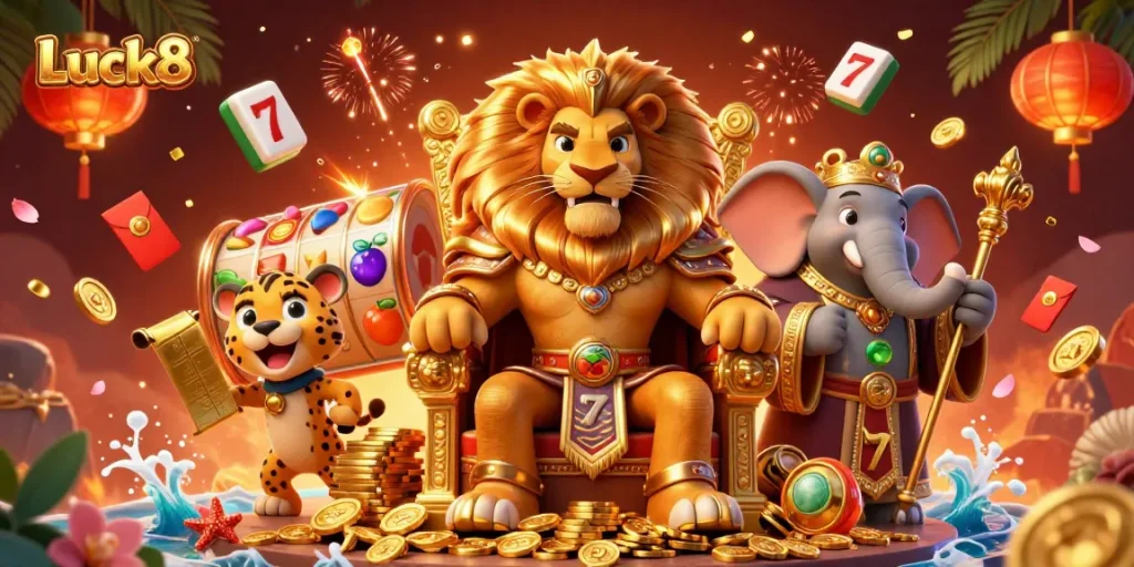 Experience thrilling betting action at Luck8 with vibrant slot reels, a lion king, and dazzling casino elements.